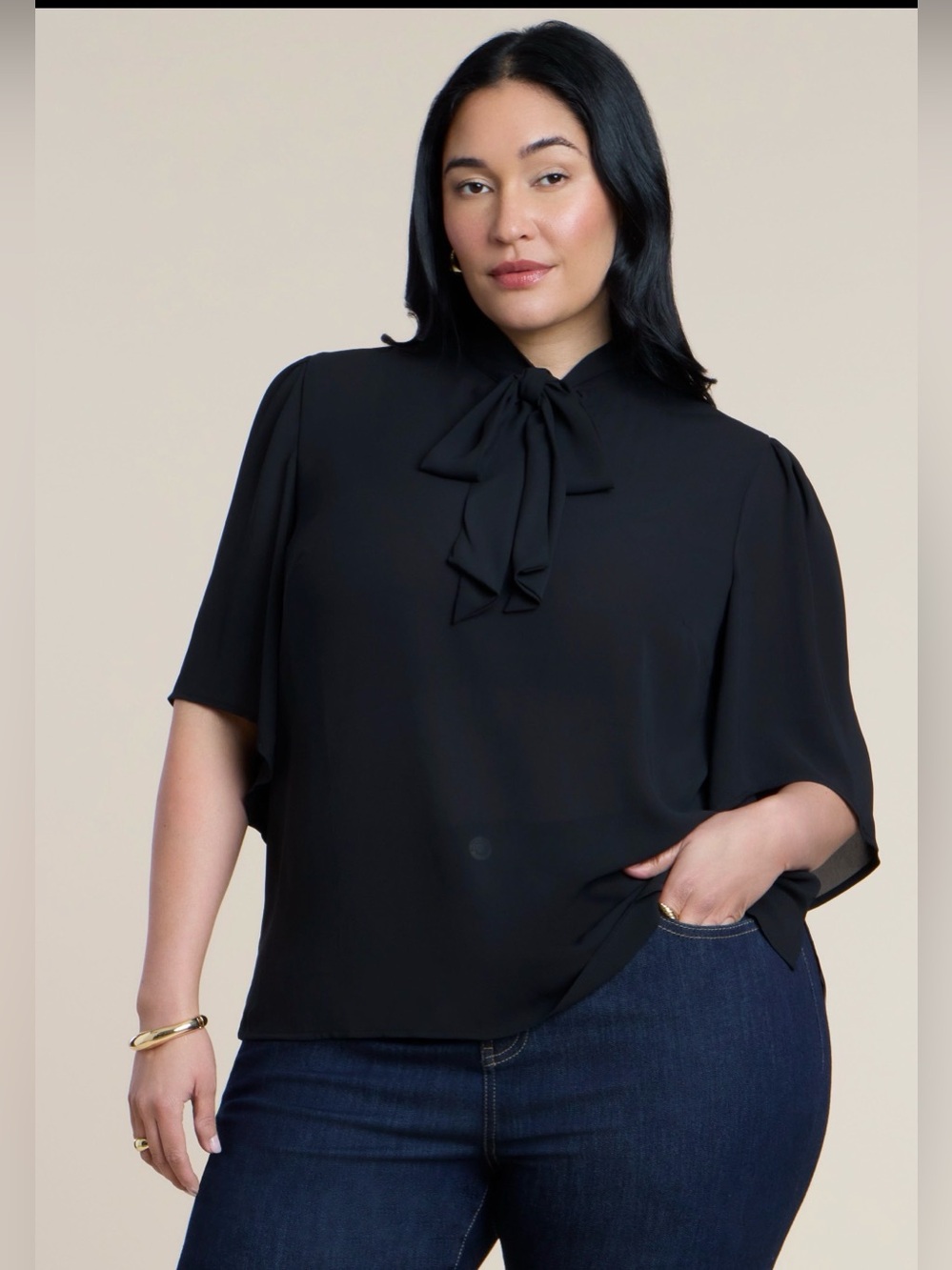 ELOQUII Black Bow Tie Flutter Sleeve Blouse Size 18 Plus